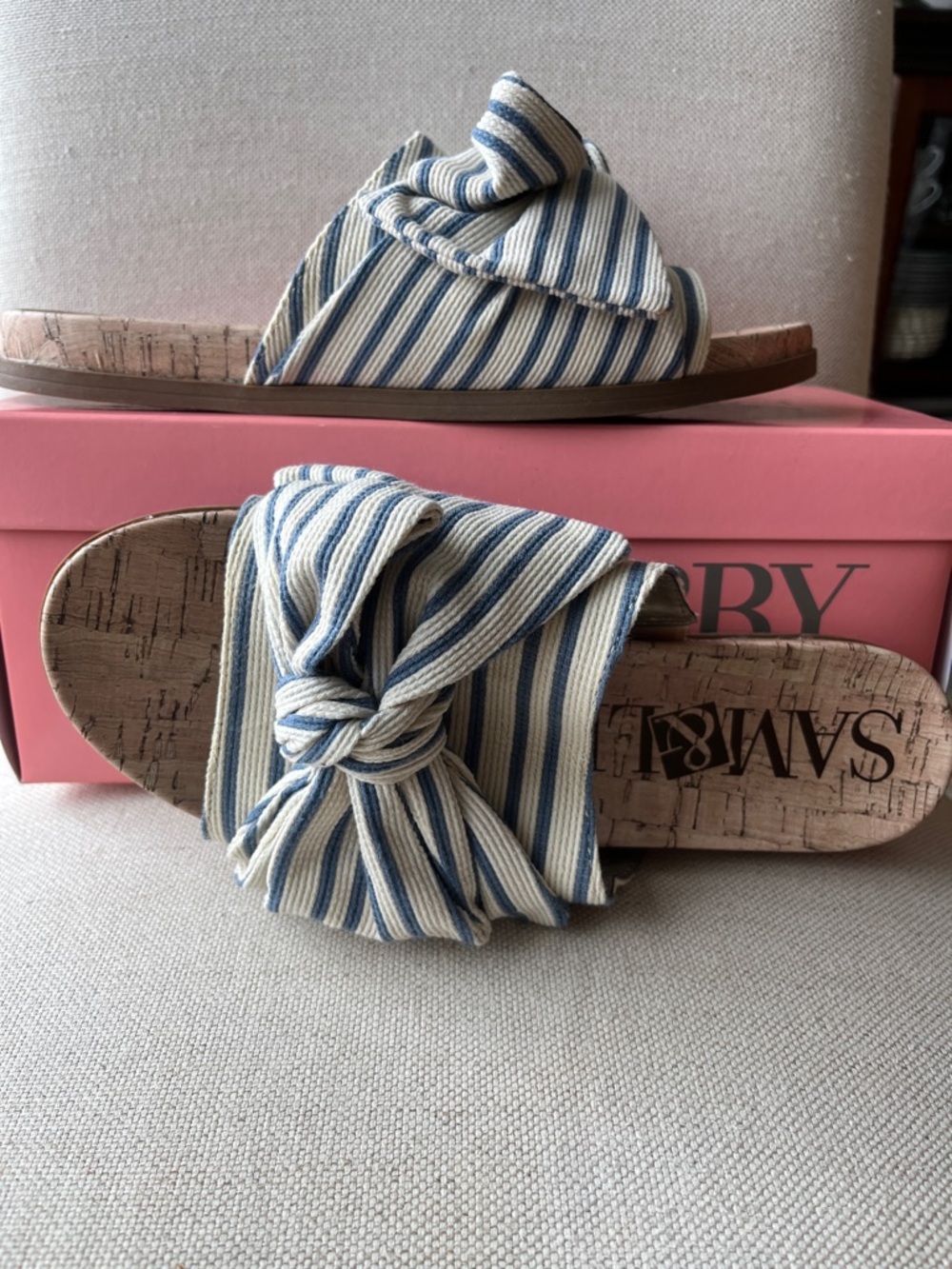 Sam & Libby Cream and Blue Striped Bow Slide Mules - Picture 5 of 6